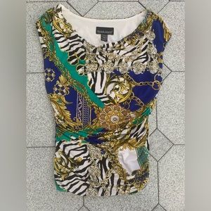 Frank Lyman design printed top blouse green blue yellow size 10